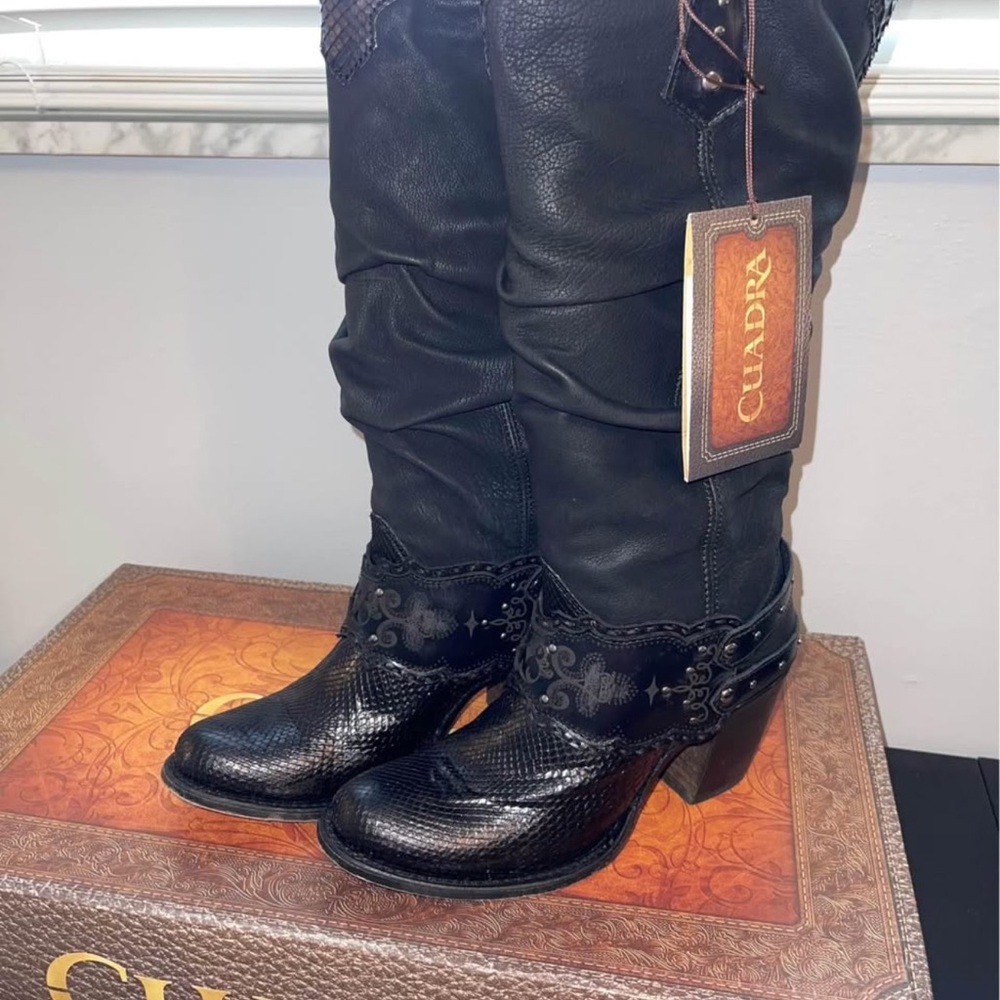 CUADRA Piton Belly Black Heeled Boots for Women